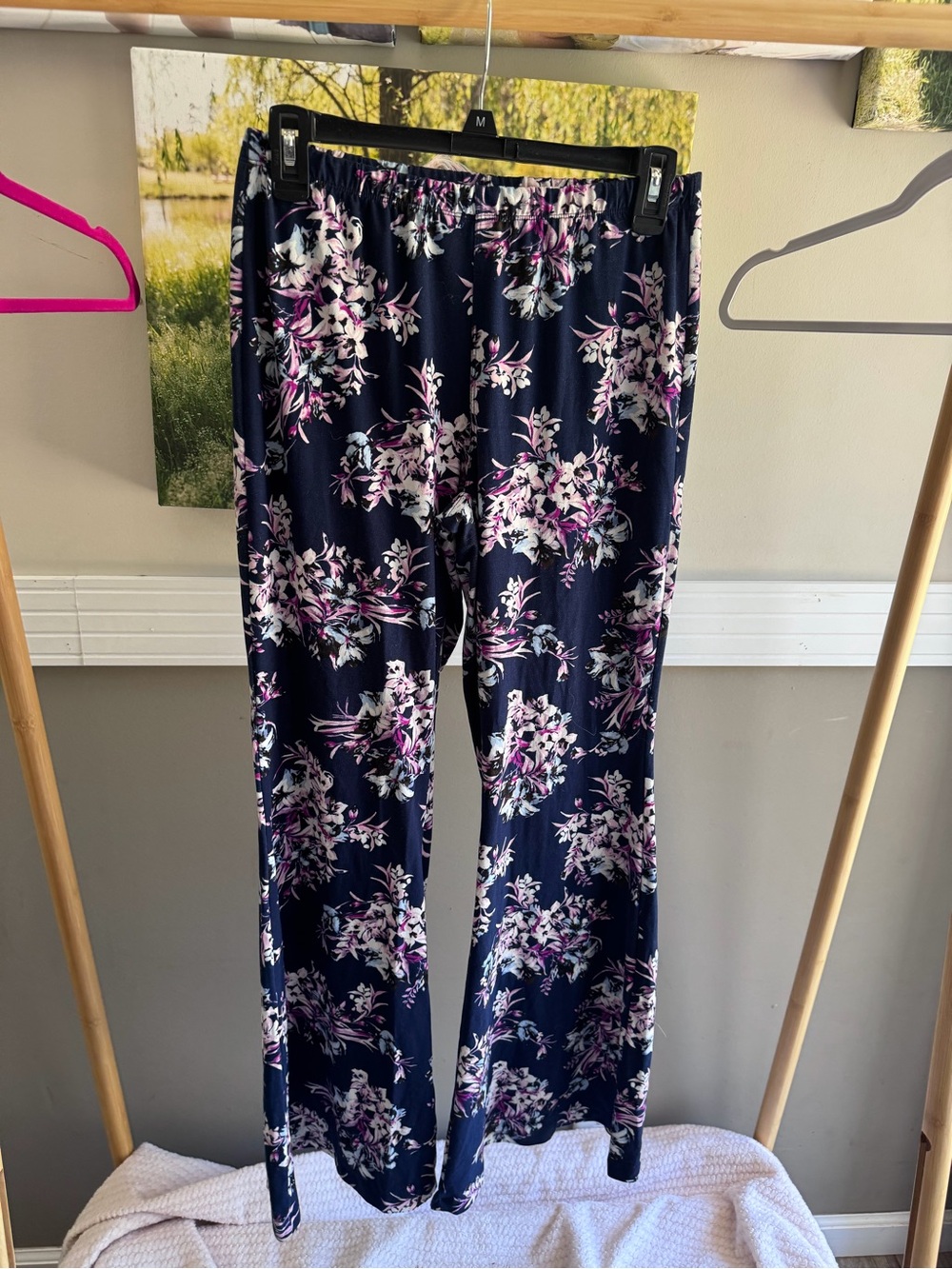 Hot Kiss Navy Floral Wide-Leg Pants Stretchy Yoga Dressy Pants - Pink & White